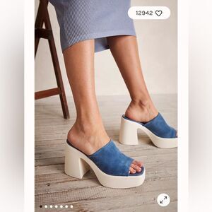 New Free People Zoe Platform Winding River Suede Blue Chunky Open Toe Heels